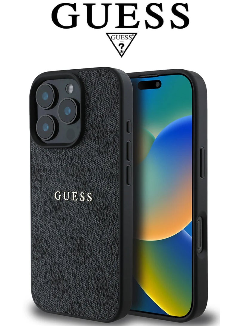 CG MOBILE IPhone 16 Pro Max cover,supports MagSafe wireless charging, with a logo and a leather French design certified in partnership with GUESS and CG MOBILE. In Black - Image 1